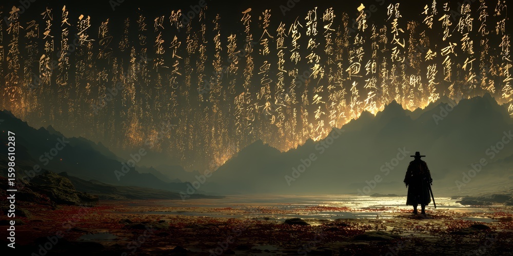 Poster man is standing in a field with mountains in the background