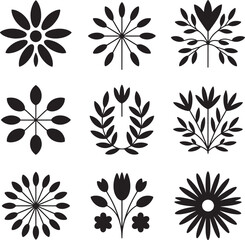 Black floral and botanical motifs on white background graphic elements