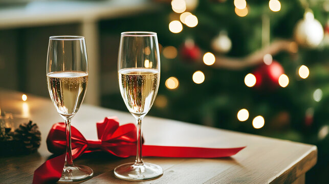 Two champagne glasses on a wooden table with a red ribbon. A decorated Christmas tree with lights and ornaments is in the background, creating a festive atmosphere.