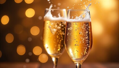Elegant champagne flutes with golden sparkling wine, dramatic splash and festive celebration vibes
