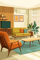 Fototapeta premium Stylish Mid-Century Modern Living Room Interior with Green Sofa and Orange Armchair