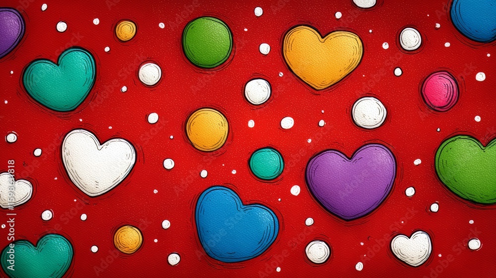 Poster red background with many different colored hearts scattered throughout