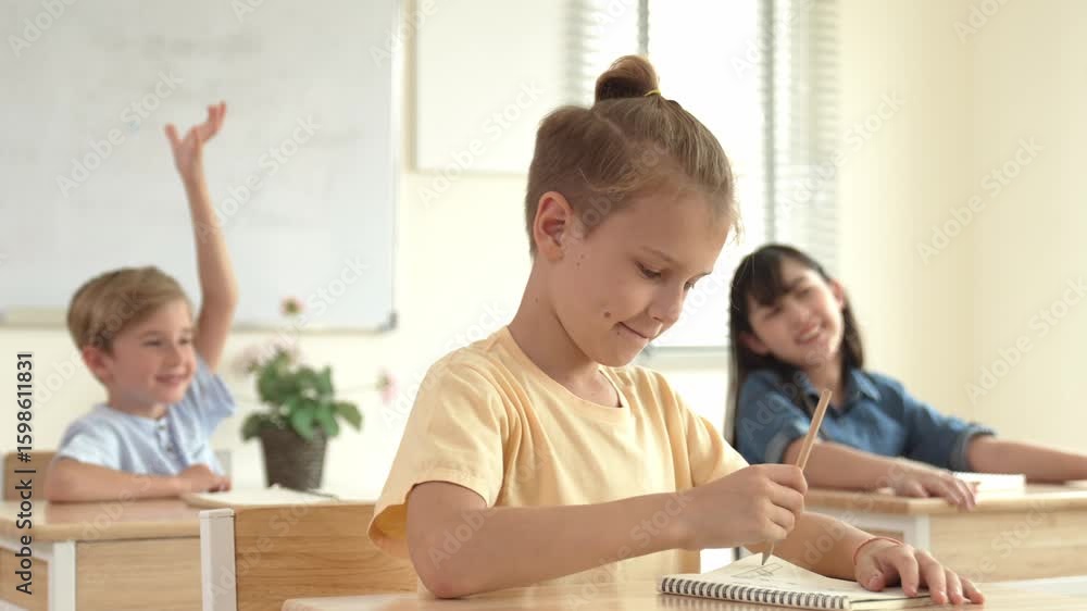 Poster serious student raised hand up to answering question while sitting at classroom. multicultural child