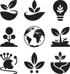Black silhouettes of nature and growth symbols plant leaf
