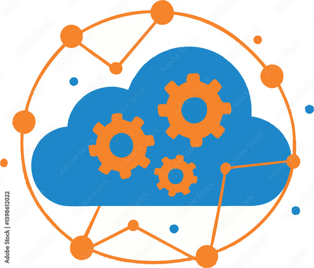 Aufkleber flat vector data cloud with gears and nodes rotating, ai infrastructure metaphor, isolated on white