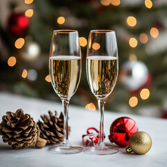 Two elegant champagne flutes filled with sparkling wine sit on a table. Nearby are pine cones and festive ornaments. A Christmas tree with lights is in the background.