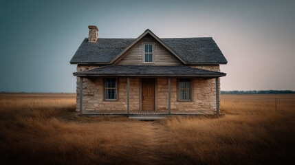 Small, old house with a porch sits in a field of tall grass