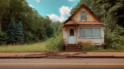 Small, run down house sits on a street with a grassy area in front of it