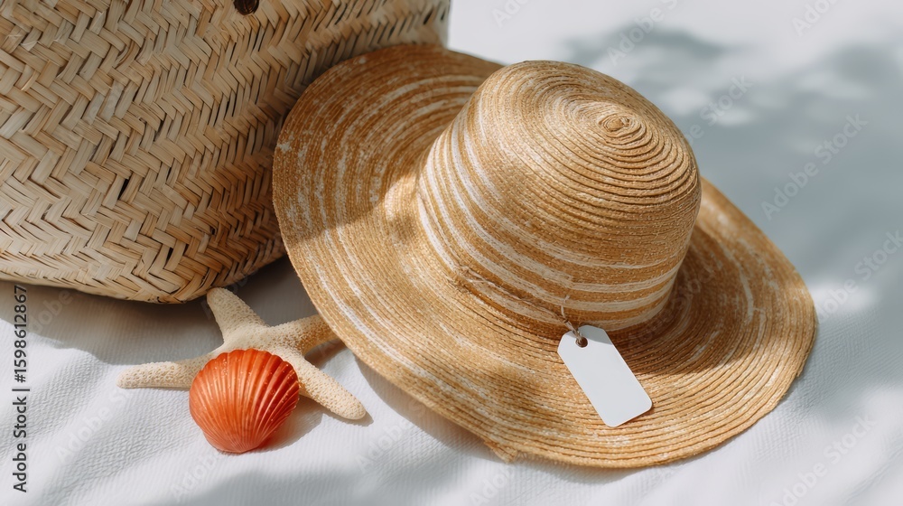 Poster straw hat with a tag on it sits on a table next to a shell