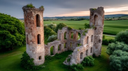The old castle is surrounded by a lush green field