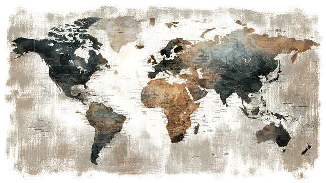 Vintage world map with distressed edges and muted colors, isolated on transparent background