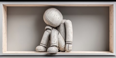 White statue of a man sitting in a wooden box