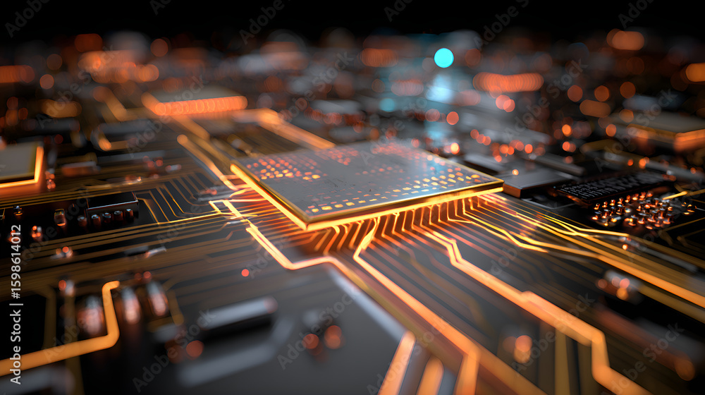 Poster cpu is glowing on motherboard with bokeh effect, close up view