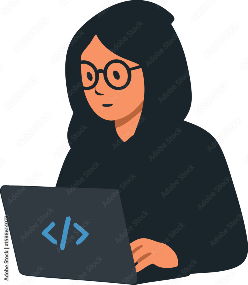 Poster flat vector female coder with hoodie and laptop, flat tech style, isolated on white