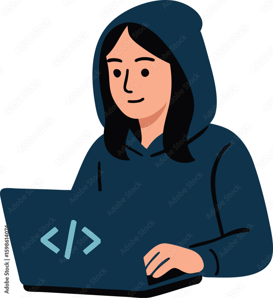 Aufkleber flat vector female coder with hoodie and laptop, flat tech style, isolated on white