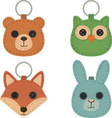 Flat vector felt animal keychains with stitching and button eyes, DIY style, isolated on white