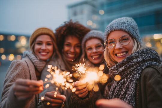 Diverse friends enjoying sparklers at an evening celebration