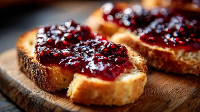 Crunchy toast slices topped with jam placed on a wooden board in close-up