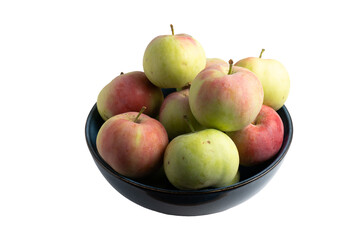 Fresh apples in ceramic bowl on transparent background
