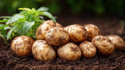 Heap of freshly harvested organic potatoes resting on soil