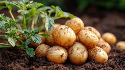 Heap of freshly harvested organic potatoes resting on soil