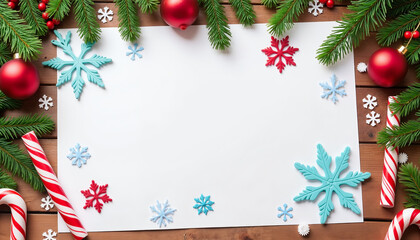 Blank white card surrounded by Christmas decorations and ornaments  