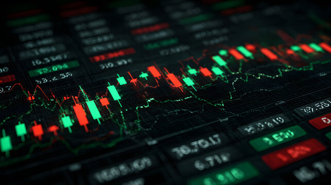 Candles of the Market: glowing red and green candlestick charts race across dark screens, capturing the pulse of live trading and volatile finance.