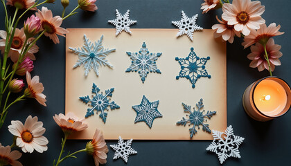 Decorative snowflakes arranged with flowers and candle on a background  
