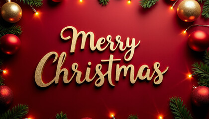 Merry Christmas text with festive decorations on red background  