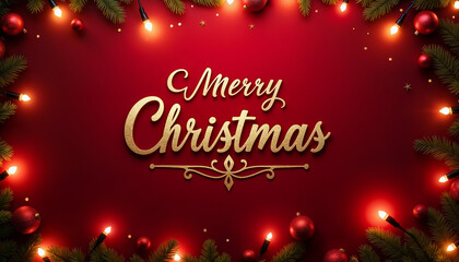 Merry Christmas greeting with festive decorations on red background  