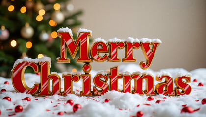 Merry Christmas sign with snow and festive decorations on table  