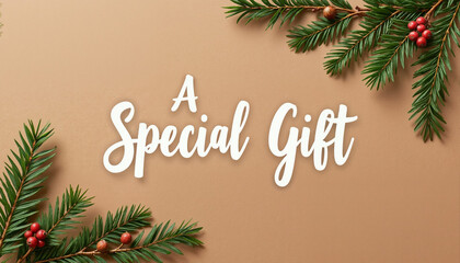 A special gift surrounded by Christmas greenery on beige background  
