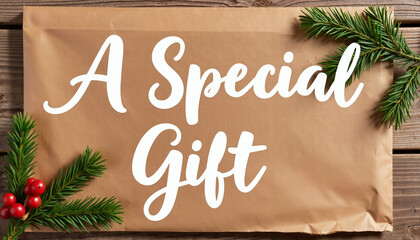 A special gift wrapped in brown paper with holiday decorations  