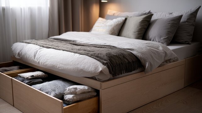 Modern bedroom setup featuring a storage drawer filled with bedding beneath the bed