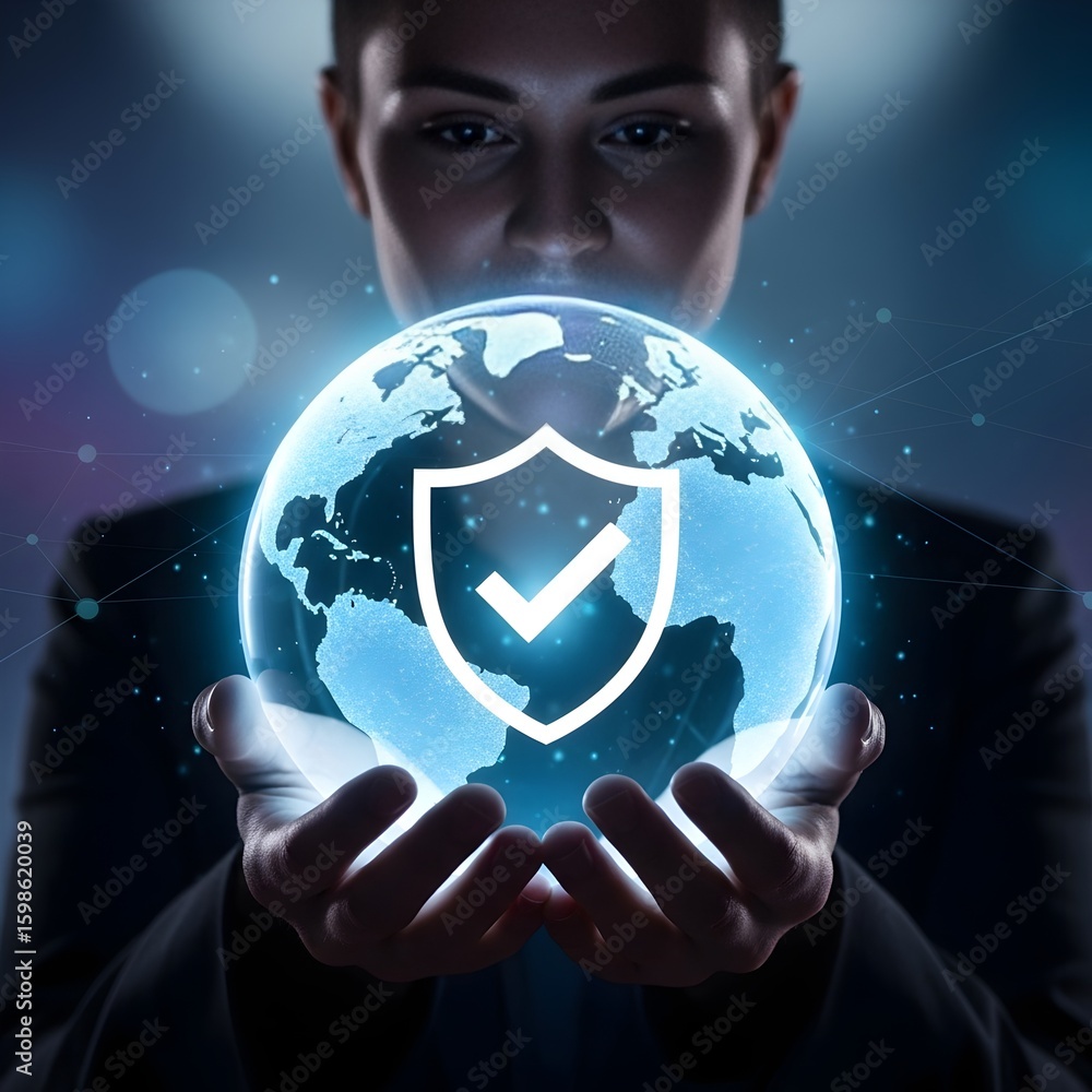 Poster woman holding a glowing globe with a security shield representing secure global network and data pro