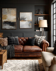 Dark living room with brown leather sofa. Abstract art on black wall creates moody atmosphere. Wooden floor with plush carpet. Beige sofa with black throw pillows. White floor lamp with beige shade