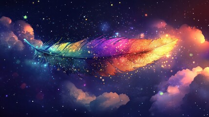 Obraz premium A vibrant, colorful feather floats amidst a starry night sky and clouds