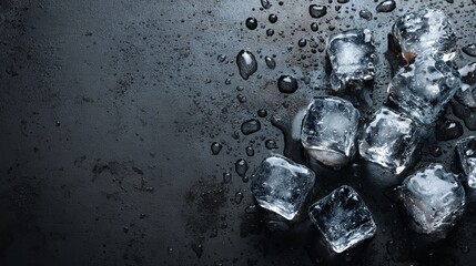 Top view of melting ice cubes and droplets of water on a dark surface with room for text
