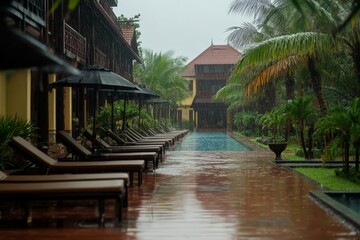 In Vietnam, the swimming pool is pelted by large drops of rain typical of a tropical summer