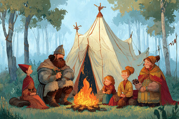 A group of diverse people gathered around a campfire near a tent in a forest. They are sharing stories and enjoying the warmth of the fire.