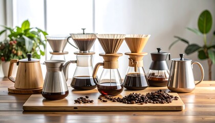Various coffee brewing equipment on a wooden surface