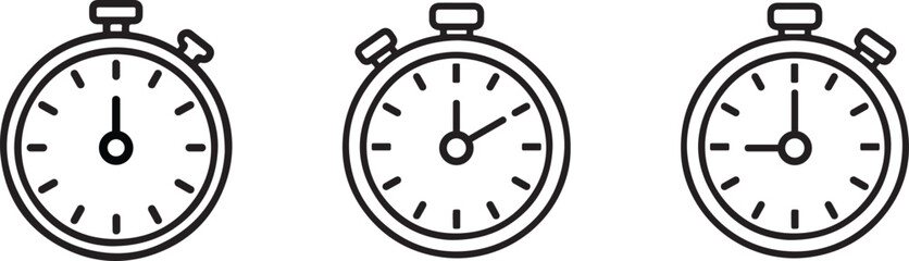 Three black line art stopwatch illustrations showing different times on a white background
