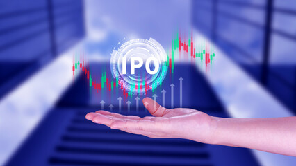 IPO, Initial public offering concept, Businessman with virtual IPO word with stock graph for...