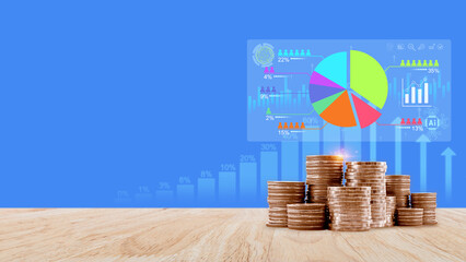 Market research and marketing analysis with Ai technology. customer surveys and statistics. analysts touch on pie charts and graphs, financial growth graph chart report, Business planning