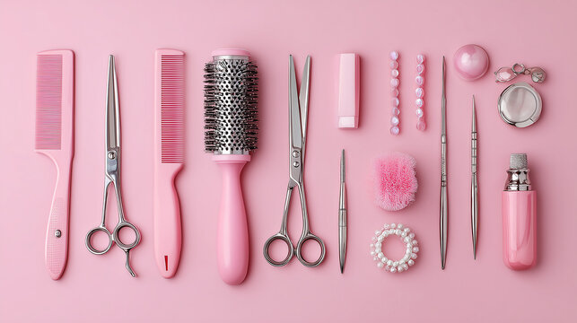Hairdresser essentials set on a pink background, showcasing modern salon tools in a stylish and feminine layout.

