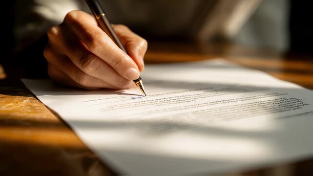 A handson view of a woman signing a compliance agreement with a legal document laid flat on a polished surface. The sunlight casts shadows that highlight the intricate details of the