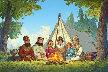 A diverse group of six people gathered around a campfire in a forest. They are sitting on the ground near a tent, enjoying a warm atmosphere.