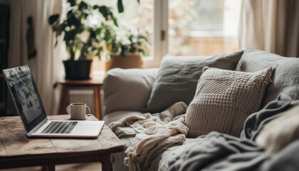 Cozy Living Room with Laptop, Warm Textiles, and Indoor Plants Creating a Relaxing Atmosphere for Home Office or Leisure Activities