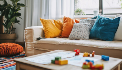 Cozy Living Room with Colorful Cushions and Playful Accessories, Perfect for Relaxation and Family Time in a Bright, Inviting Space