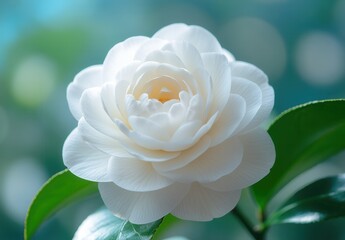 Delicate White Blossom Showcasing Intricate Petals and Lush Green Leaves Bathed in Soft Light, Capturing the Essence of Nature's Beauty